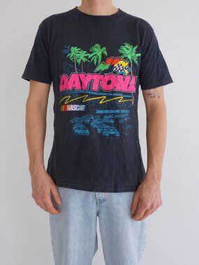 Vintage Daytona NASCAR Black Racing Graphic Single Stitch Shirt USA Cotton L